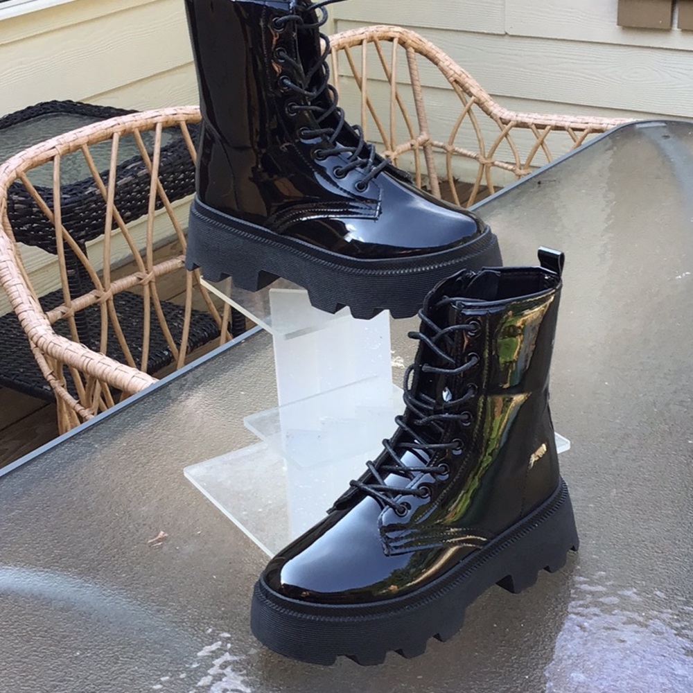 Rouge Helium Black Patent Leather Platform Combat Boots